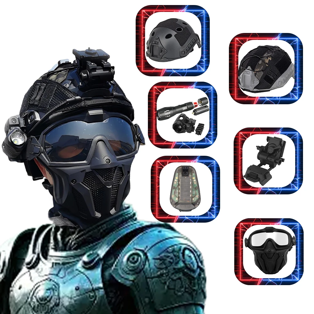 

Tactical Airsoft Helmet and Full Face Protection Mask Set for Paintball CS Fast Helmet Set with Detachable Goggles ...