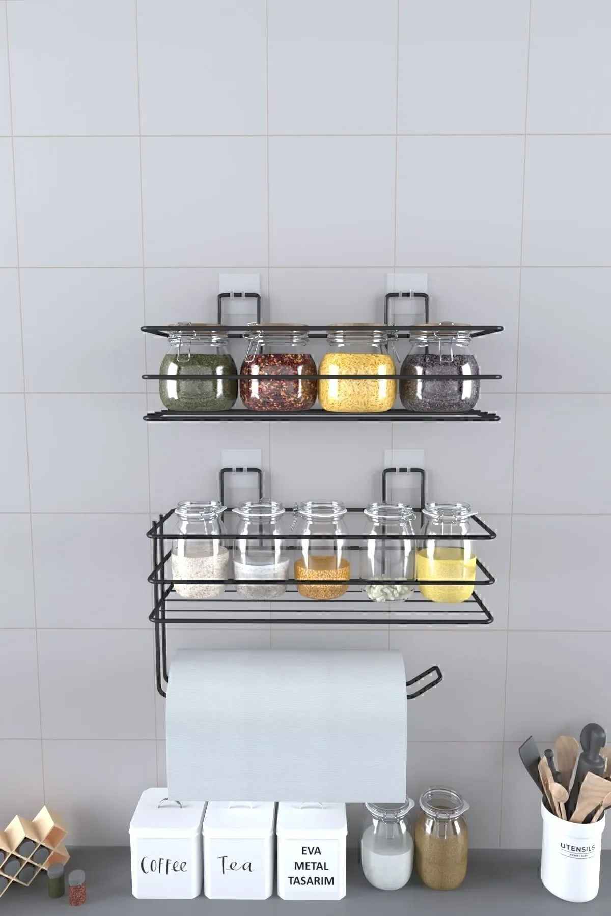 Adhesive Spice Rack 2 Pcs Metal Paper Towel Holder Black Spice Stand Kitchen Shelf