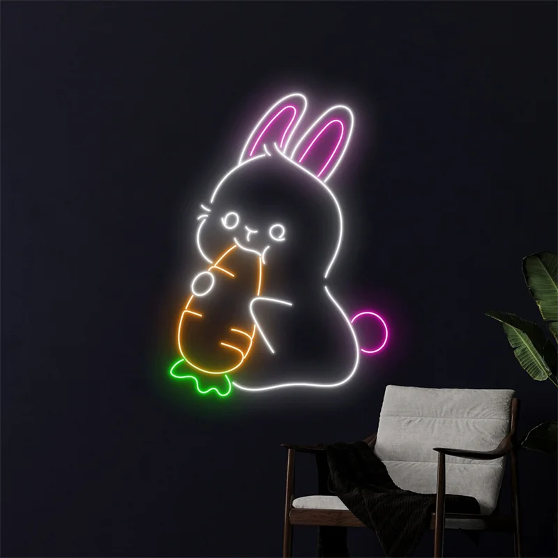 Lapin Carrot Neon Sign, Lapin Led Light, Joyeuses Pâques Neon Light, Décor mural de chambre de Pâques, Lapin Led Light