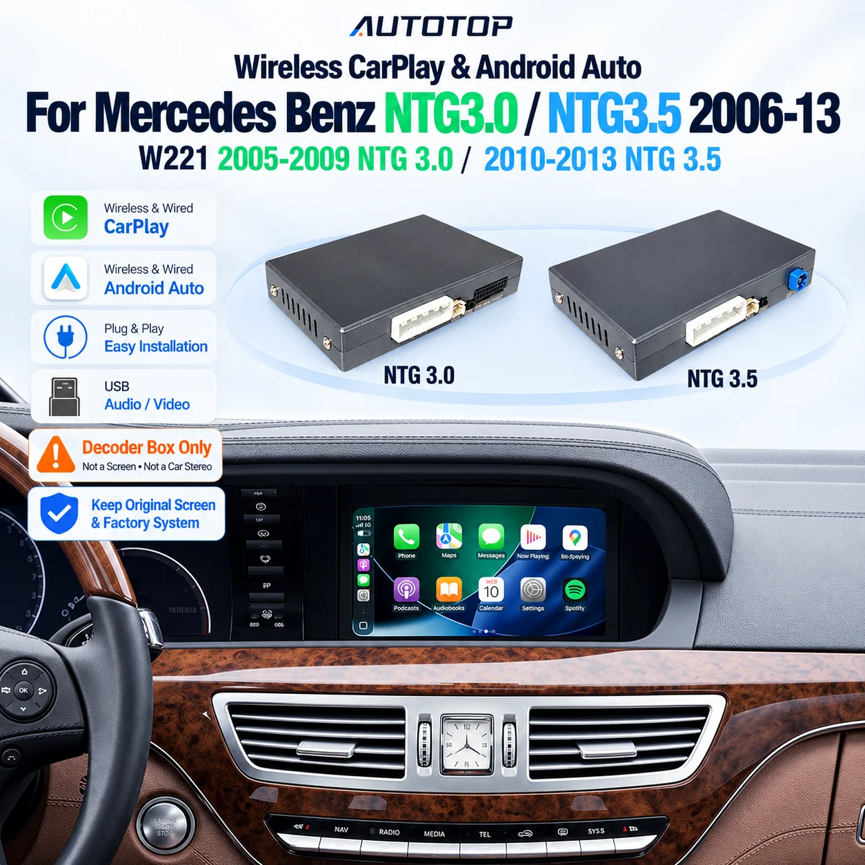 Décodeur de rétrofit d'écran multimédia Autotop pour Mercedes Benz Classe S W221 Classe CL C216 2006-2012 Ntg3.0 Ntg3.5, prend en charge la connexion sans fil Bluetooth, CarPlay et Android Auto, affichage de la caméra de recul, navigation GPS et itinéraire
