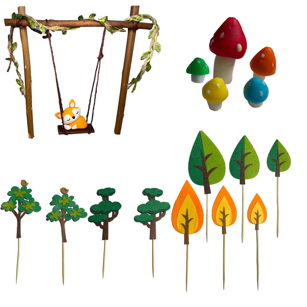 

18 Pcs Woodland Cake Topper Set including Swing Fox Mushroom Tree for Kids Child Birthday Party Supplies Cake Topper Decorations