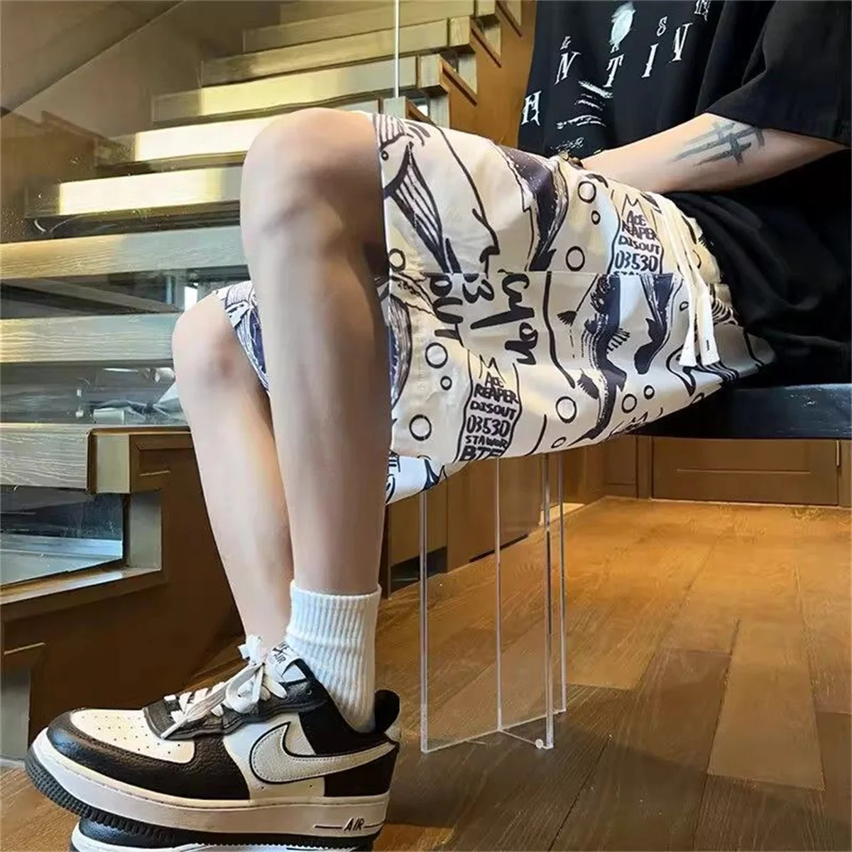 Men's Summer Quick Dry Shorts Loose Fit 5 Inch Inseam Beach Shorts Casual Sports Shark Print Punk Pants Hip Hop Loose Shorts