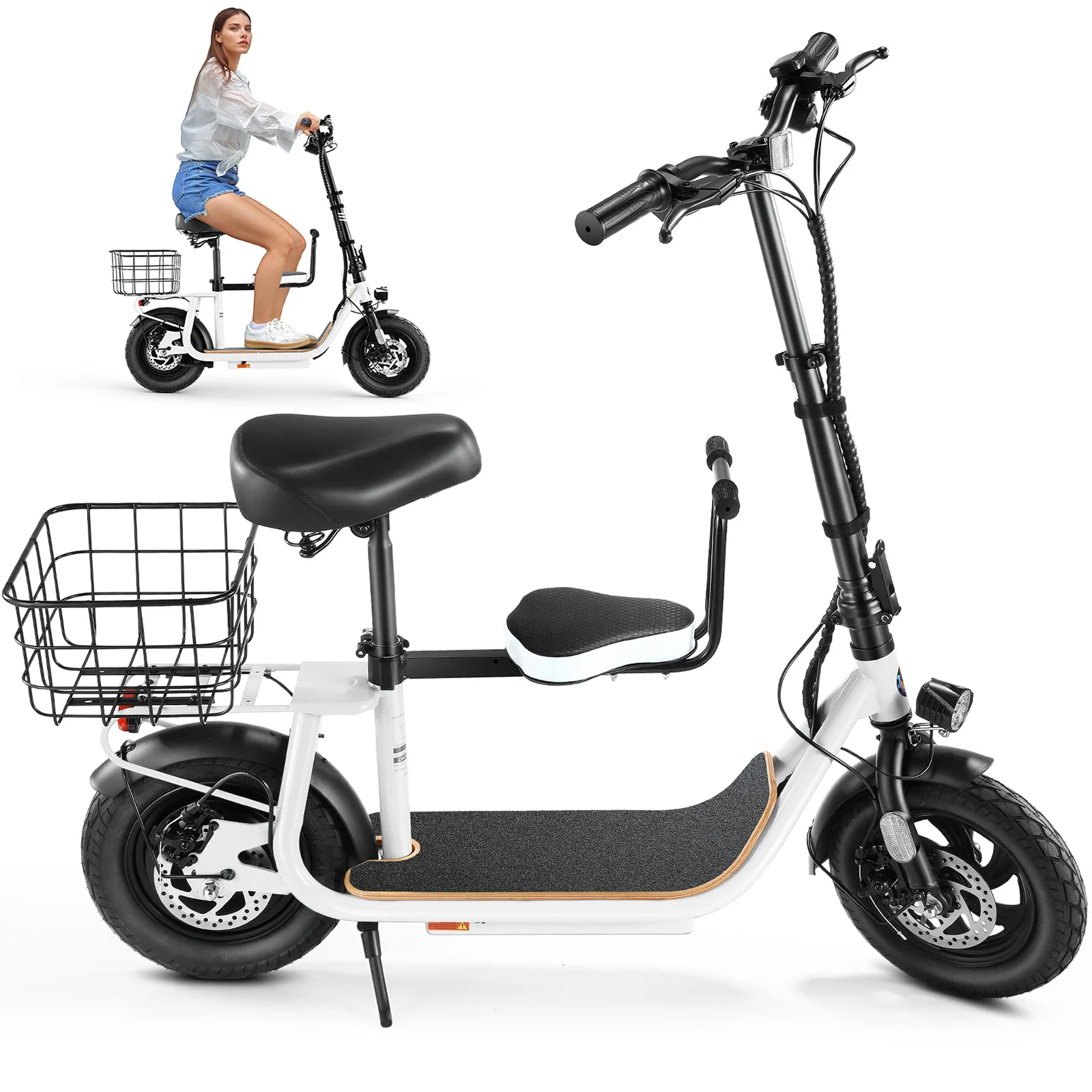 

819W/1200W Electric Bicycle with Seat, 12" Shock Tires, 500Wh Battery 30 Miles & 20MPH, Foldable E-Bike for Commuting