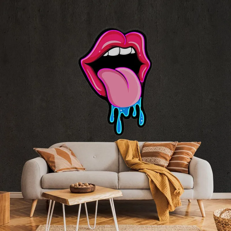 Lips and Tongue Neon Sign Lips Dripping Artwork Neon Light Lip & Kiss Neon Lamp Bar Led Neon Sign Party Room Light Decorations