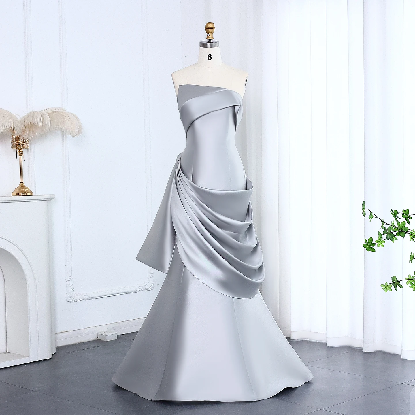 샤론은 여성을위한 불규칙한 Strapless와 슬리버 그레이 두바이 우아한 이브닝 드레스를 말했습니다. 결혼식 공식 가운 SF231 맞춤형