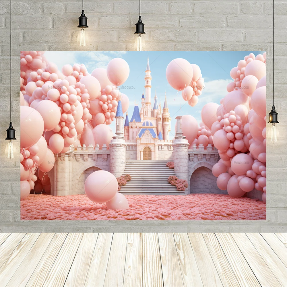 Fairy Tale Castle Photo Backdrop Pink Flower Balloon Princess Girls Birthday Party Decor Photography Studio Customized Memories