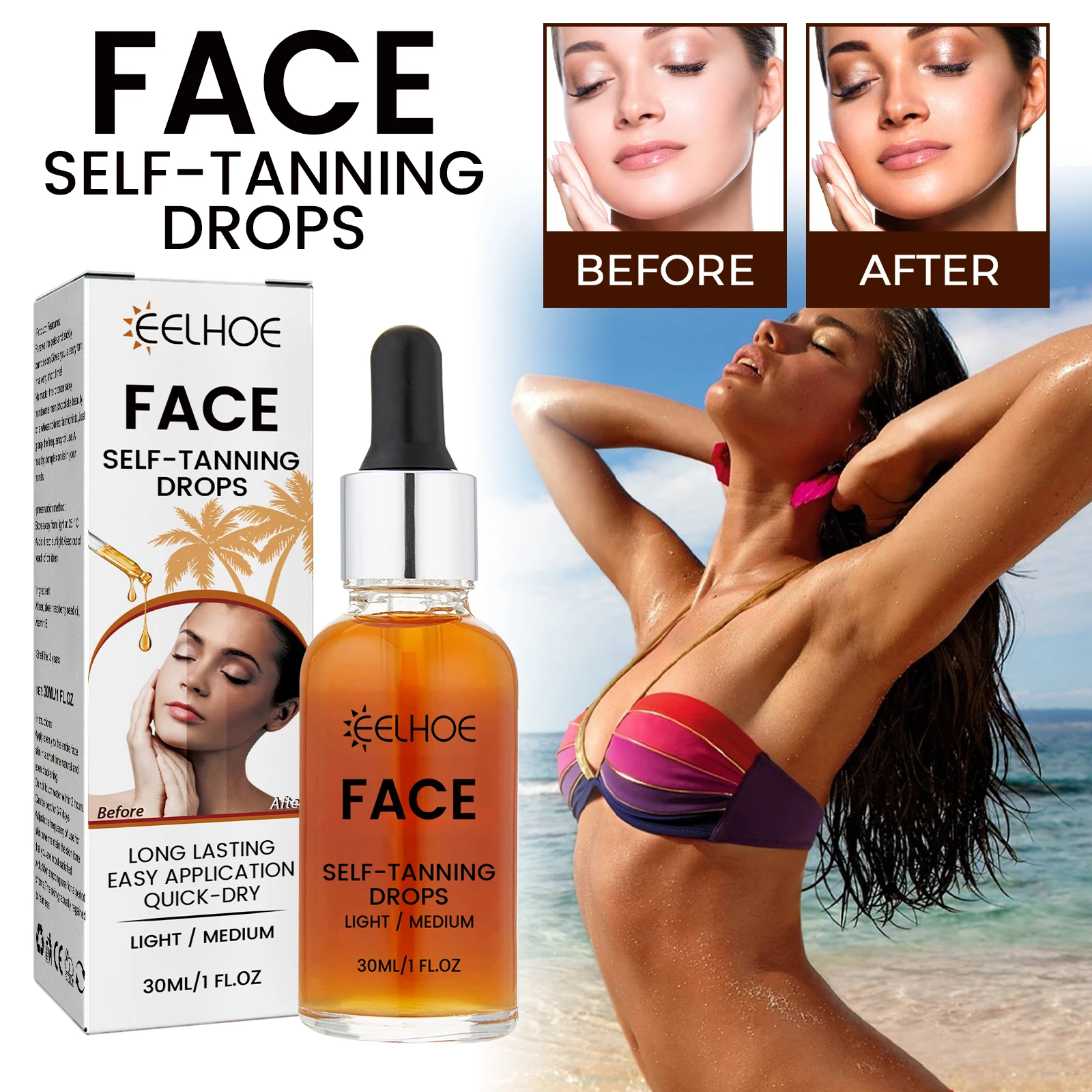 

EELHOE 30ml Face Self-Tanning Drops Prevent Sunburn Dark Brown Body Bronzer Long Lasting Outdoor Sunbath Self Tanning Drops