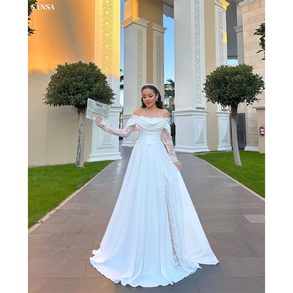 

Индивидуальное белое свадебное платье Sansa А-силуэта с открытыми плечами и кружевом, элегантное вечернее платье с длинными рукавами, длиной в пол, для торжественных мероприятий