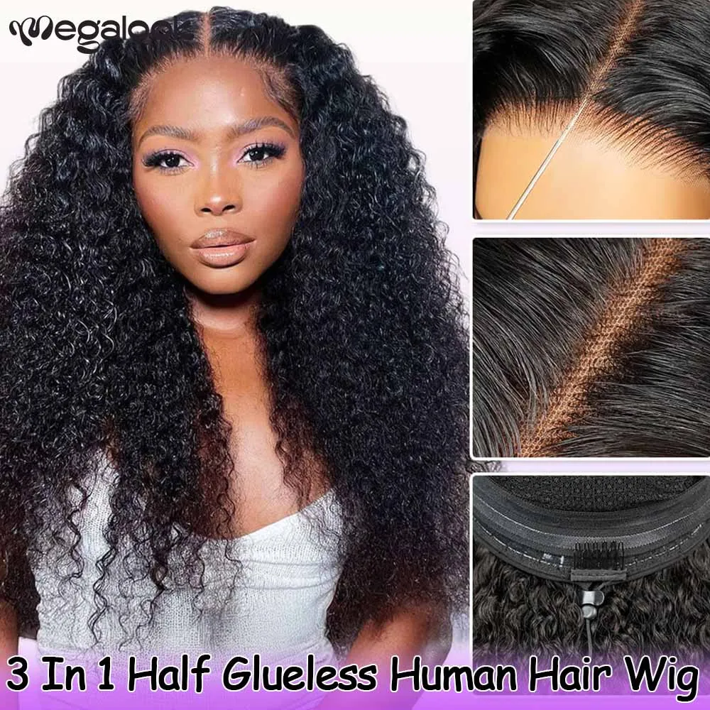 

Megalook 3D Lace Half Wig Gluless Curly Human Hair With Breathable Dome Cap 6Inch Deep Parting Lace Closure Wigs Bye Bye Knots