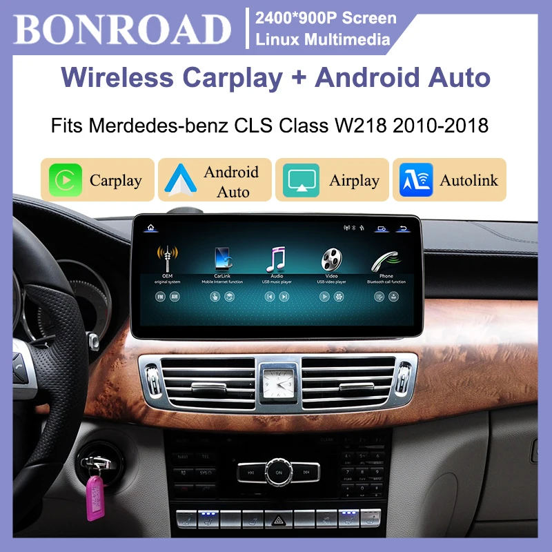 Bonroad, schermo touchscreen da 12,8" con sistema wireless Carplay e Android Auto, compatibile con Linux, per Mercedes Benz Classe CLS W218, modelli 2010-2018. Autoradio con sistema di connessione