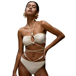 Conjunto de Bikini para mujer, traje de baño sexy con cuello Halter y perlas de cintura alta, ropa de playa de lujo, 2024