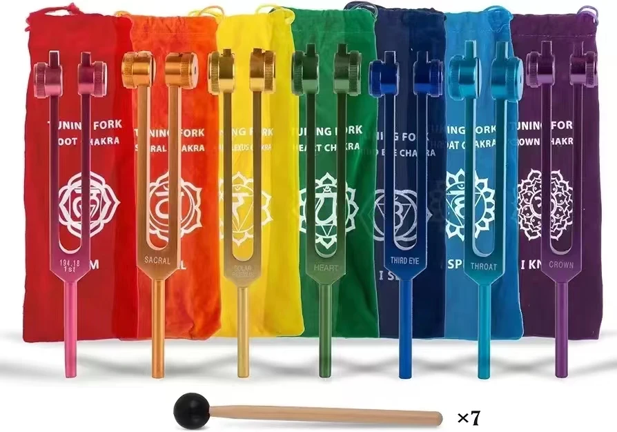 Juego de diapasones coloridos de siete Chakras para meditación, herramientas de curación de sonido de aleación de aluminio, instrumento de percusión