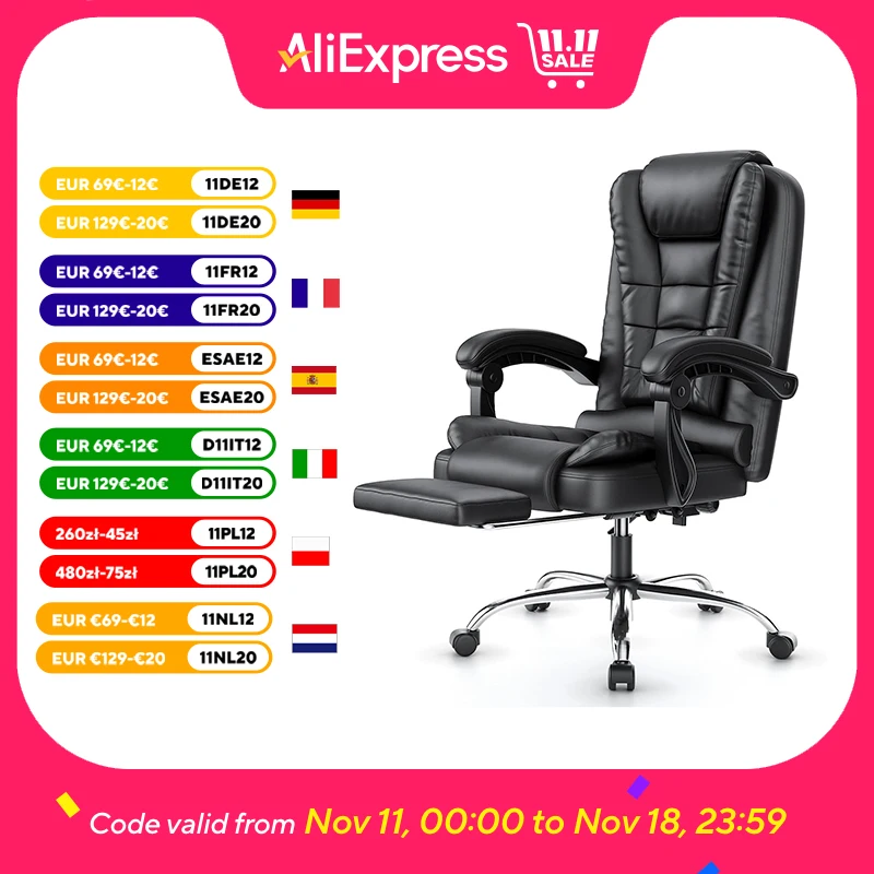 Chaise de bureau de direction avec repose-pieds, chaise de bureau à dossier haut, inclinable et ergonomique, pour ordinateur, chaises de jeu pour la maison