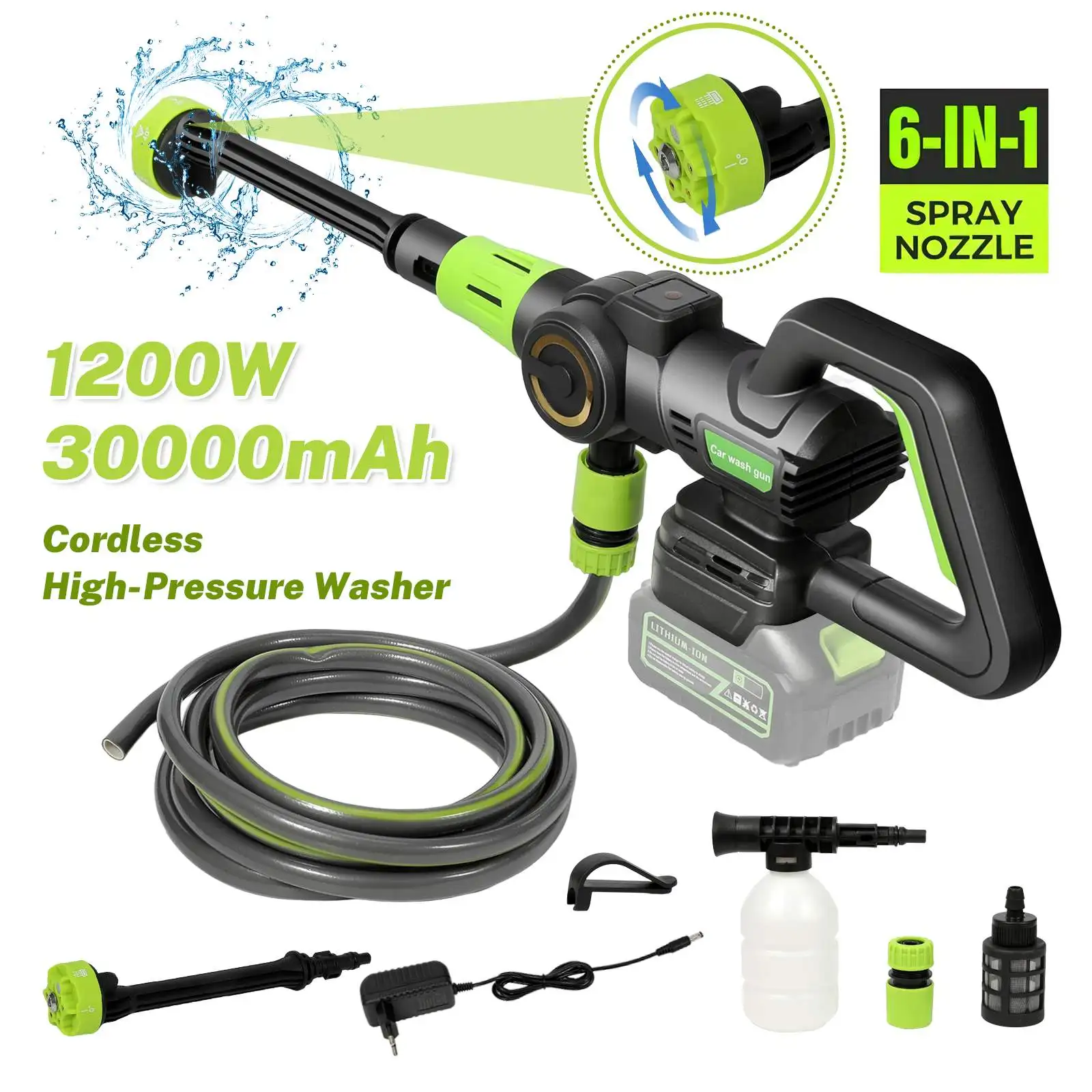 1200W brushless high-pressure car washer 120Bar spray water gun cleaning 6-in-1 multi-function nozzle foam wireless car wash
