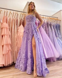 Elegant Appliques Lace Tulle Prom Dress With Split Front Princess Square Neckline Glitter Formal Evening Spaghetti Straps Ball G