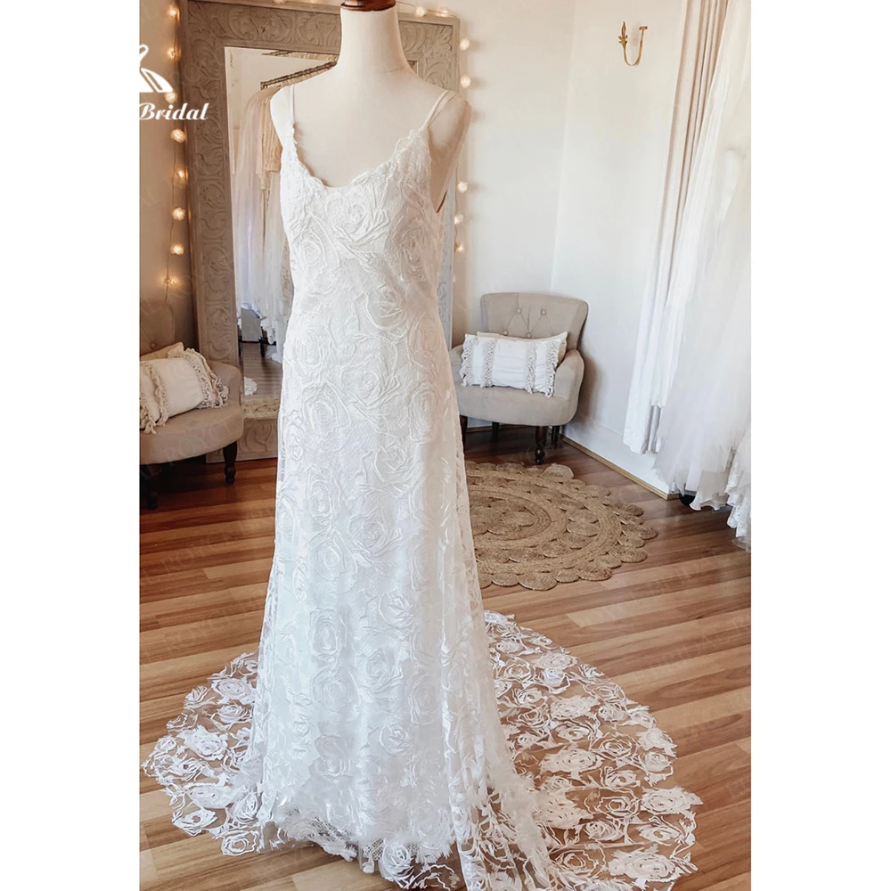 Roycebridal scollo a V abito da sposa in pizzo floreale Boho senza spalline guaina modesto abito da sposa senza schienale abito da festa abito da sposa