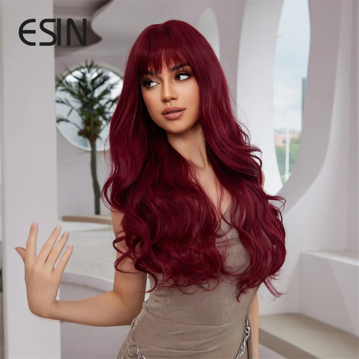 ESIN Synthetic Long Curly Wavy Red Wig with Bangs Fluffy Wigs for Women High Temperature Daily Cosplay Hair