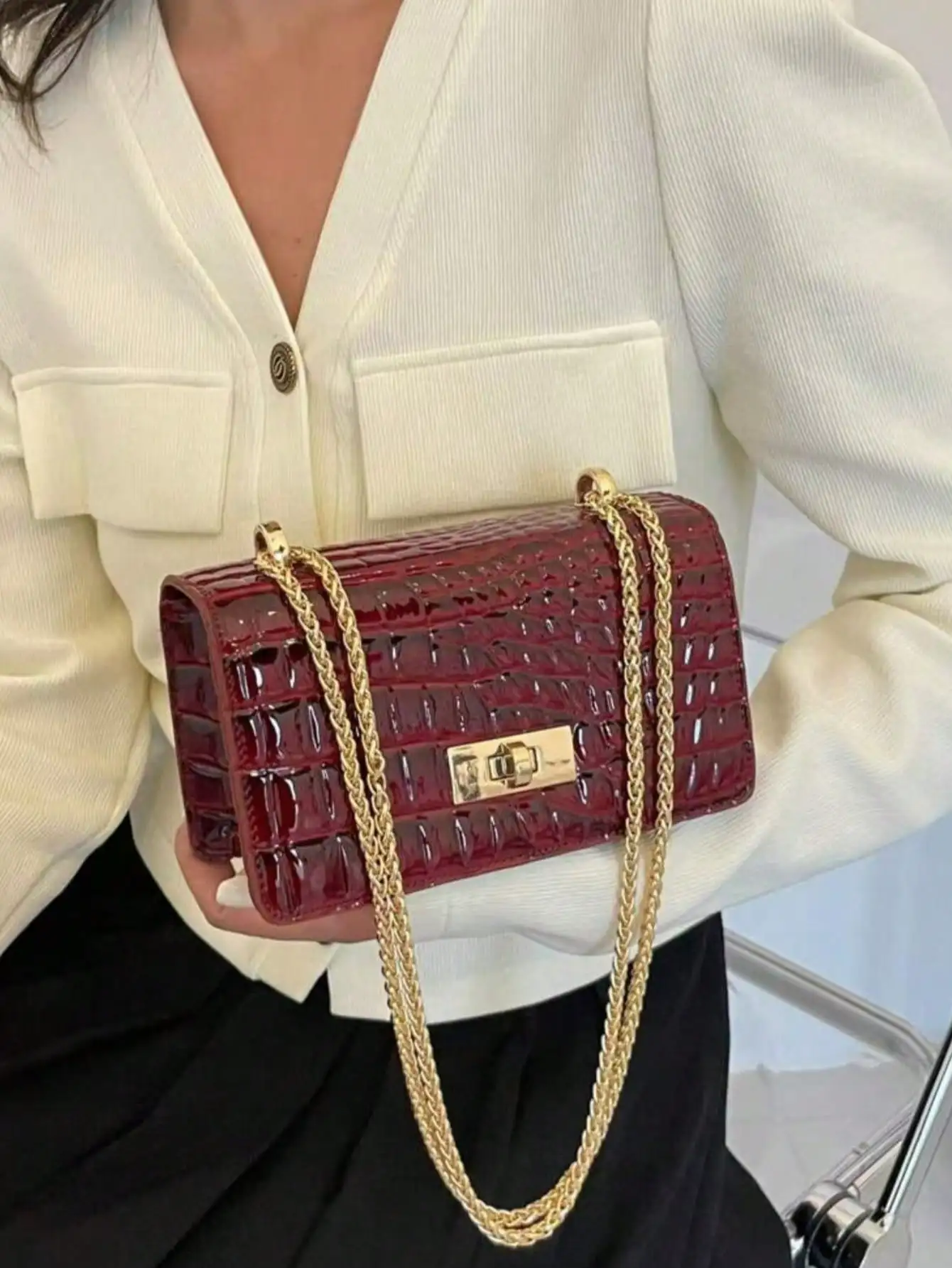 1pc Faux Leather Crocodile Embossed Pattern Mini Chain Shoulder Bag, Fashion