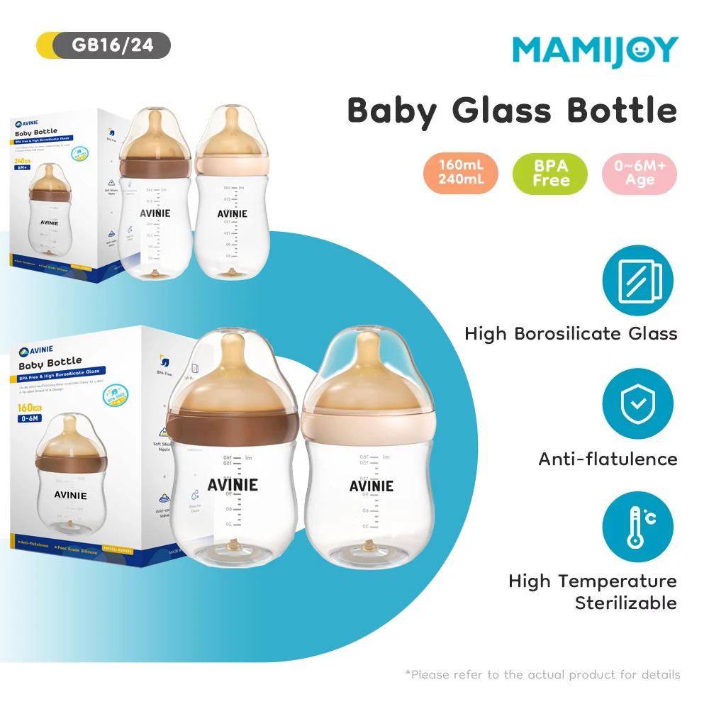 

MAMIJOY 160/240ml Baby Newborn Bottle Wide caliber High Borosilicate Gglass Feeder Anti choking Anti-Colic 0-6 Months AVGB16/24
