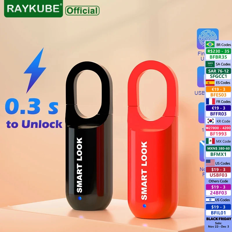 RAYKUBE Mini Fingerprint Lock Smart Padlock Biometric Electronic Lock Keyless USB Charge for Gym School Travel Case Backpack