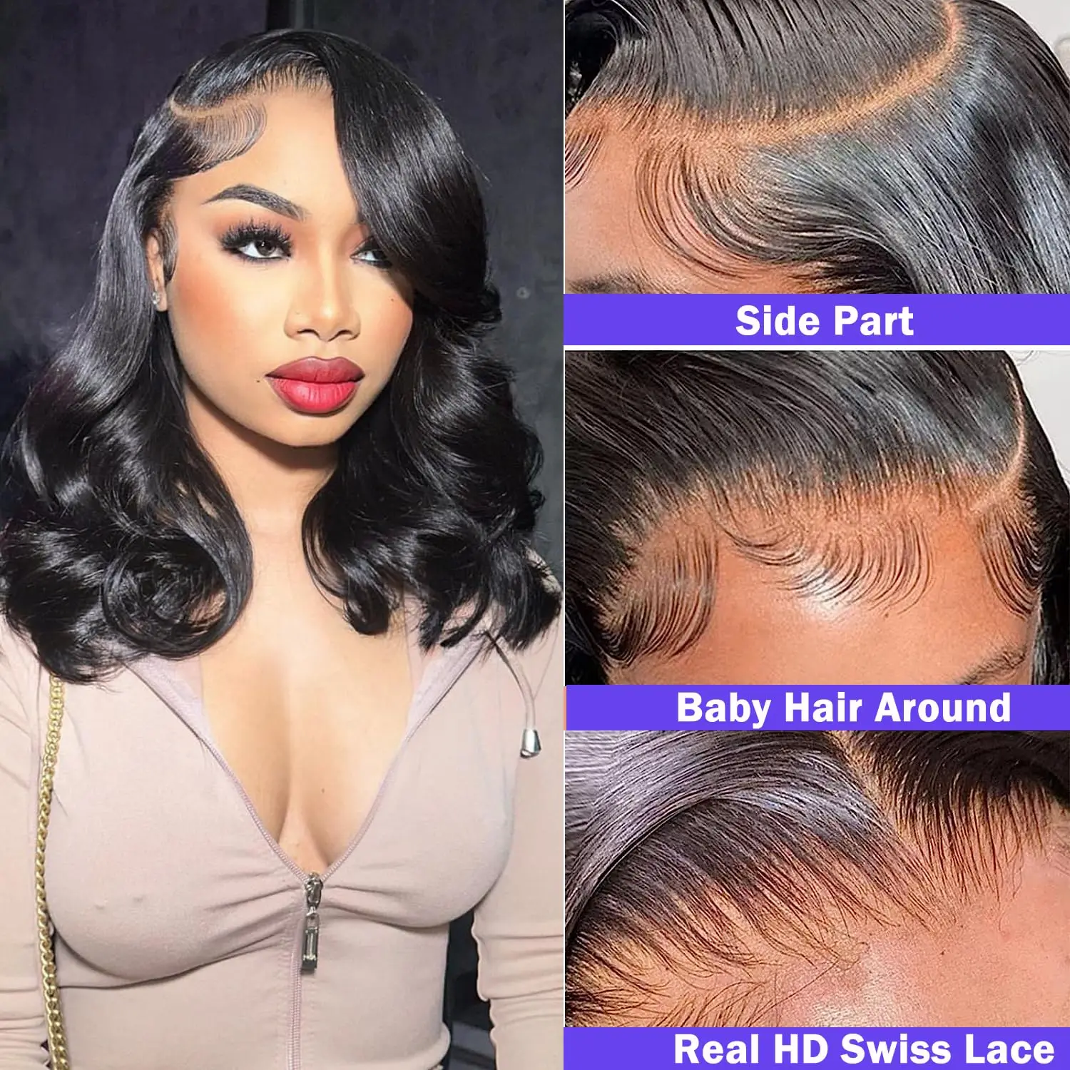 Body Wave Lace Front Perucas para Mulheres Negras, Cabelo Humano, Pré Arrancado, Densidade 180%, Curto Bob Frontal Perucas, Cor Preto Natural, 1B, 13x4