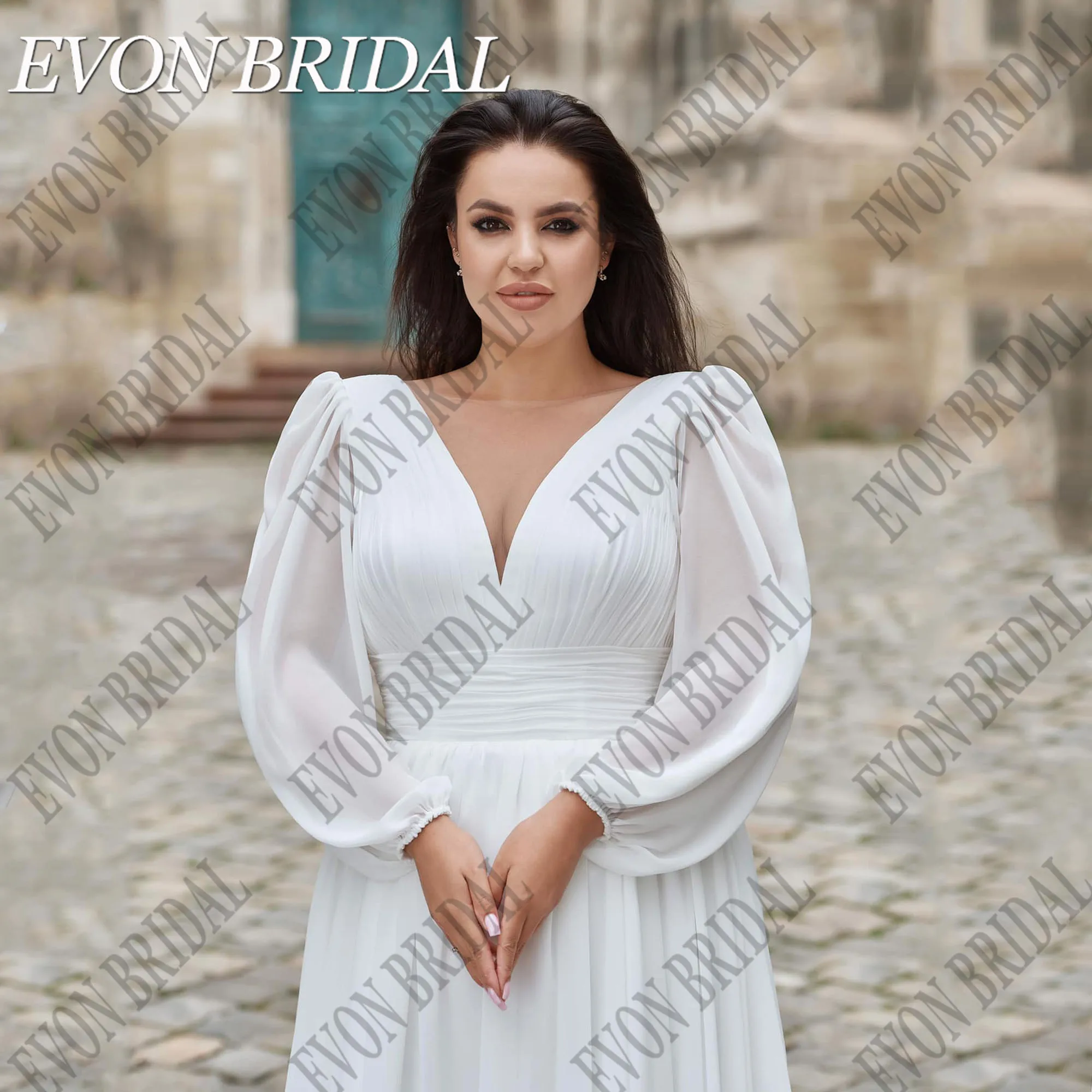 EVON BRIDAL Oversize Chiffon Wedding Gowns A-Line Puff Sleeves Vestido De Novia Lace Up Classic Bride Dress Backless Custom