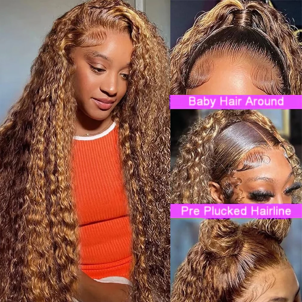 13x4 تسليط الضوء على موجة عميقة الدانتيل الجبهة الباروكات شعر الإنسان 250% الكثافة شعر بشري مجعد عميق شعر مستعار قبل قطعها P4/27 أومبير الباروكات الأمامية