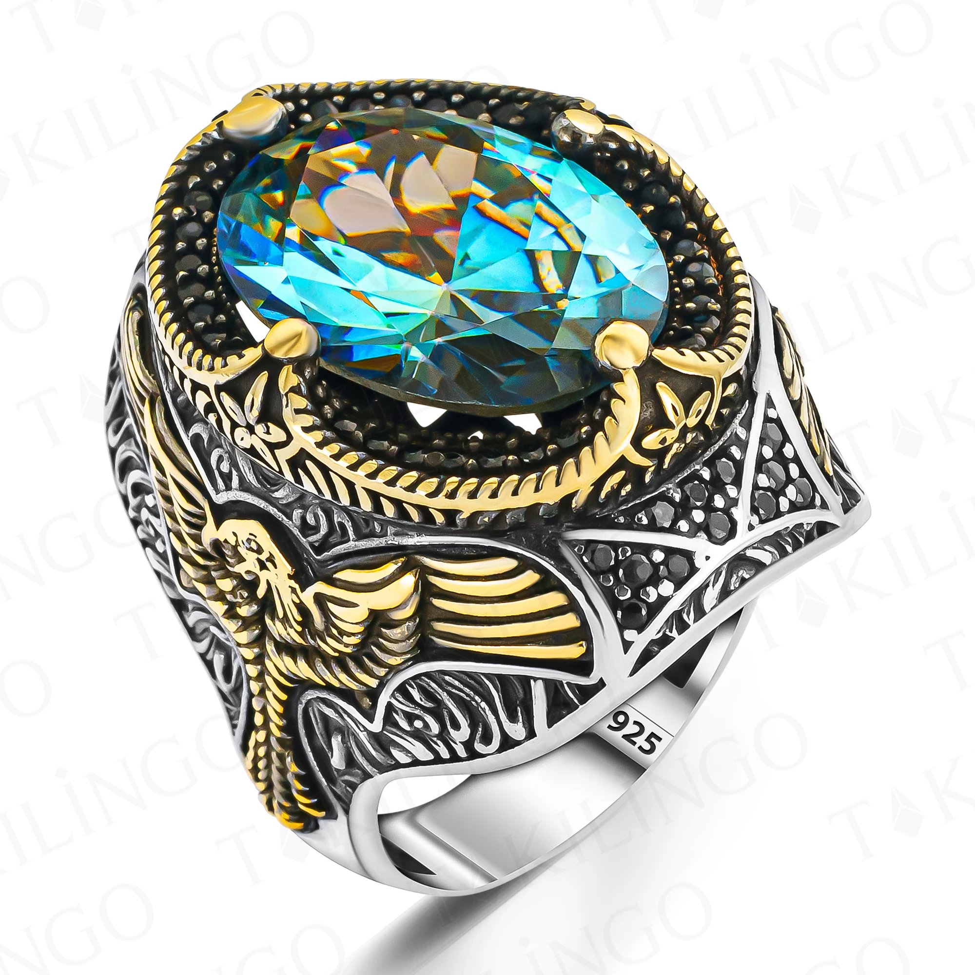 Solid 925 Sterling Silver Oval Ottoman Design Eagle Motif Blue Topaz Men\'s Ring Turkish Hanmade Silver Jewelry Gift For Men