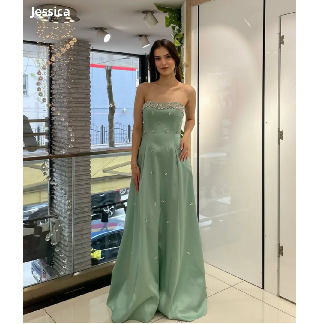 Jessica Glitter Handmade Beads Evening Dresses Green Satin Prom Dresses Off-shoulder A-line For Women Vestidos De Fiesta