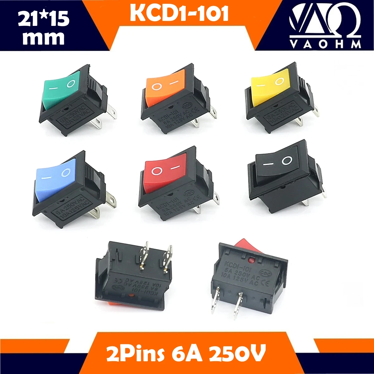 KCD1-101 interruttore a bilanciere ON-OFF 2 pin SPST contatto in rame 15*21mm 6A 250VAC /10A 125VAC