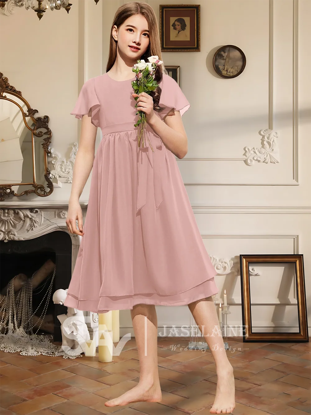 Платье подружки невесты трапециевидной формы с круглым вырезом длиной до колена, шифоновое платье с бантом для девочек с цветочным узором, вечерние платья для девочек, свадебное вечернее платье