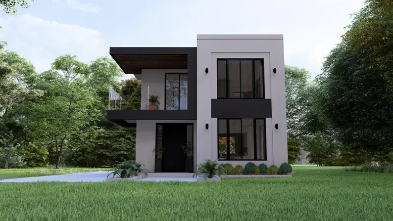 مخطط منزل حديث مقاس 7 × 9 م (مخططات مطبوعة) 2 سرير 1 حمام 126 مربع |   تصميم منزلي صغير بطابقين |   الرسومات المعمارية