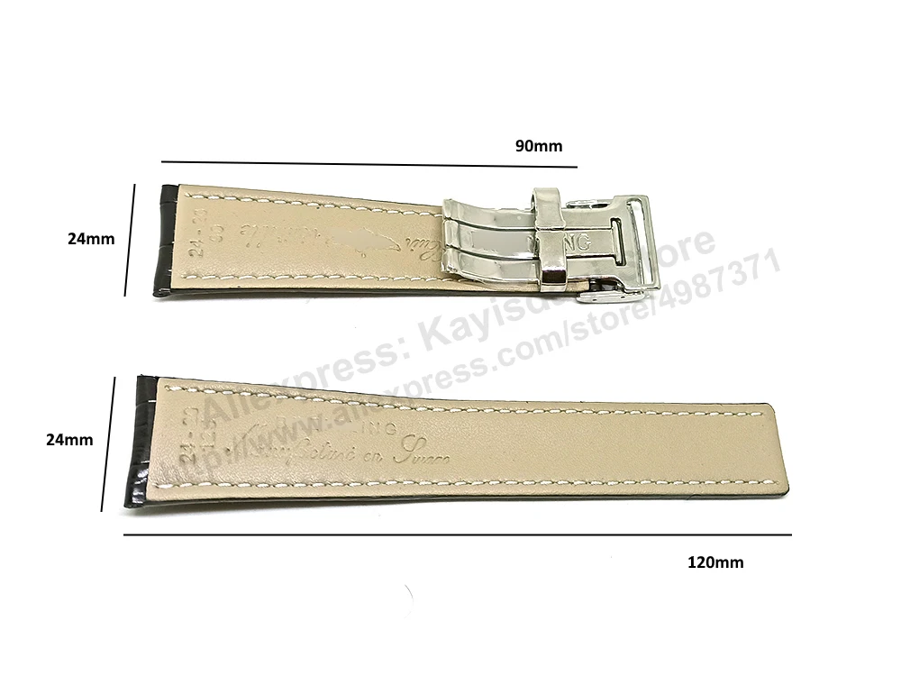 Fits/For Breitling Navitimer AB0127 - 24mm Black Leather 24-20 Replacement Watch Band Strap Belt with Deployment Buckle