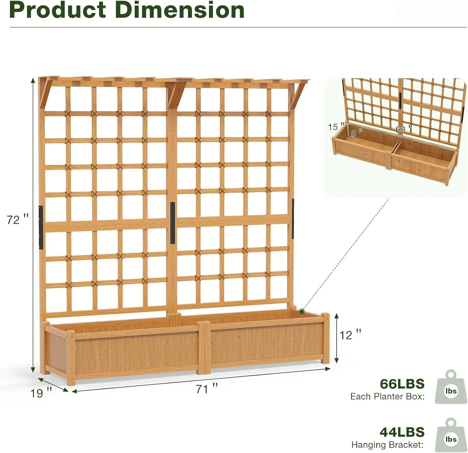 72 Inch Raised Garden Bed With Trellis Wood Planter Container With Hanging Roof And Garden Boxes For Climbing Plants Flowers Vine 2 Piece image 4