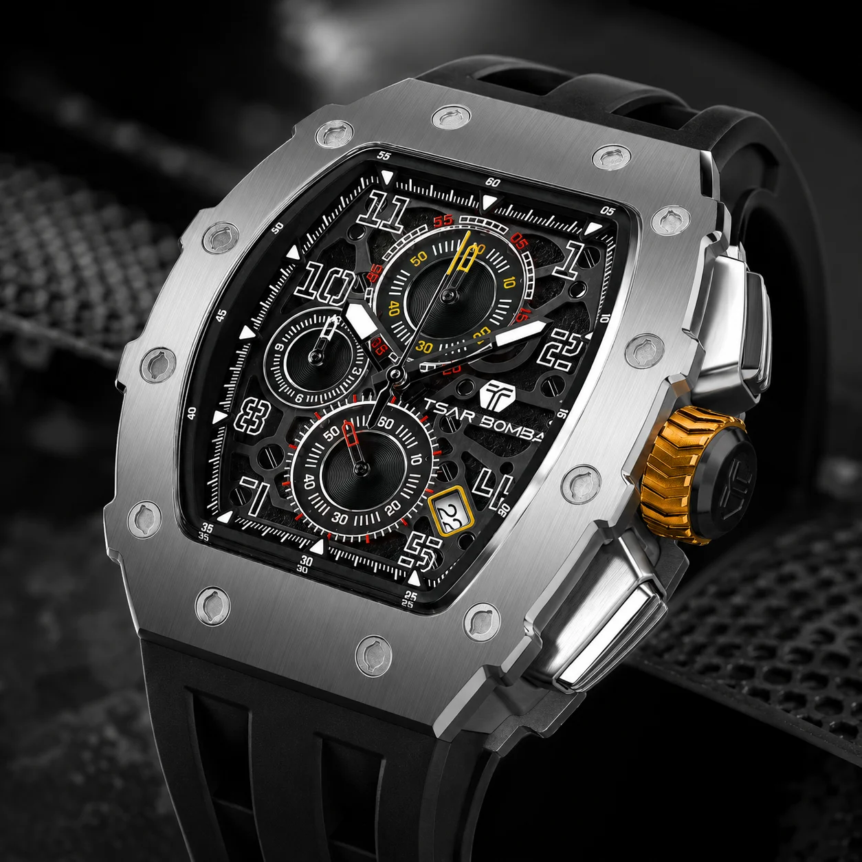 

TSAR BOMBA Luxury Tonneau Quartz Watch for Men Japanese Movement, Stainless Steel Case, Elegant Dress Wristwatch