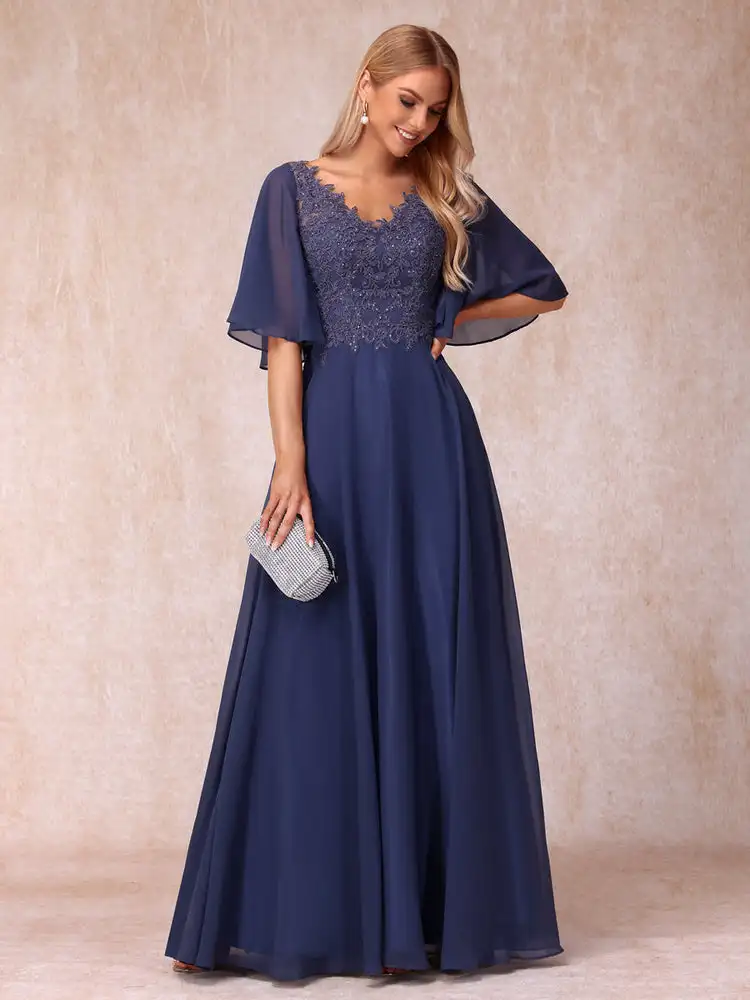 

Modern Flare Sleeve Evening Dress Classic Appliques Mother Of The Bride Dresses For Wedding Elegant Chiffon Long Prom Gown