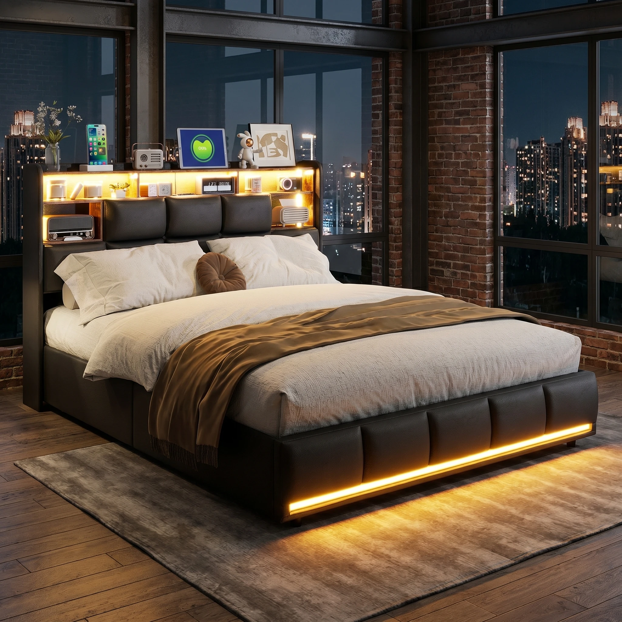 Cama hidráulica Superaly de 160 x 200 cm, tapizada con LED y estación de carga USB, con somier de láminas, cama doble, PU, negra