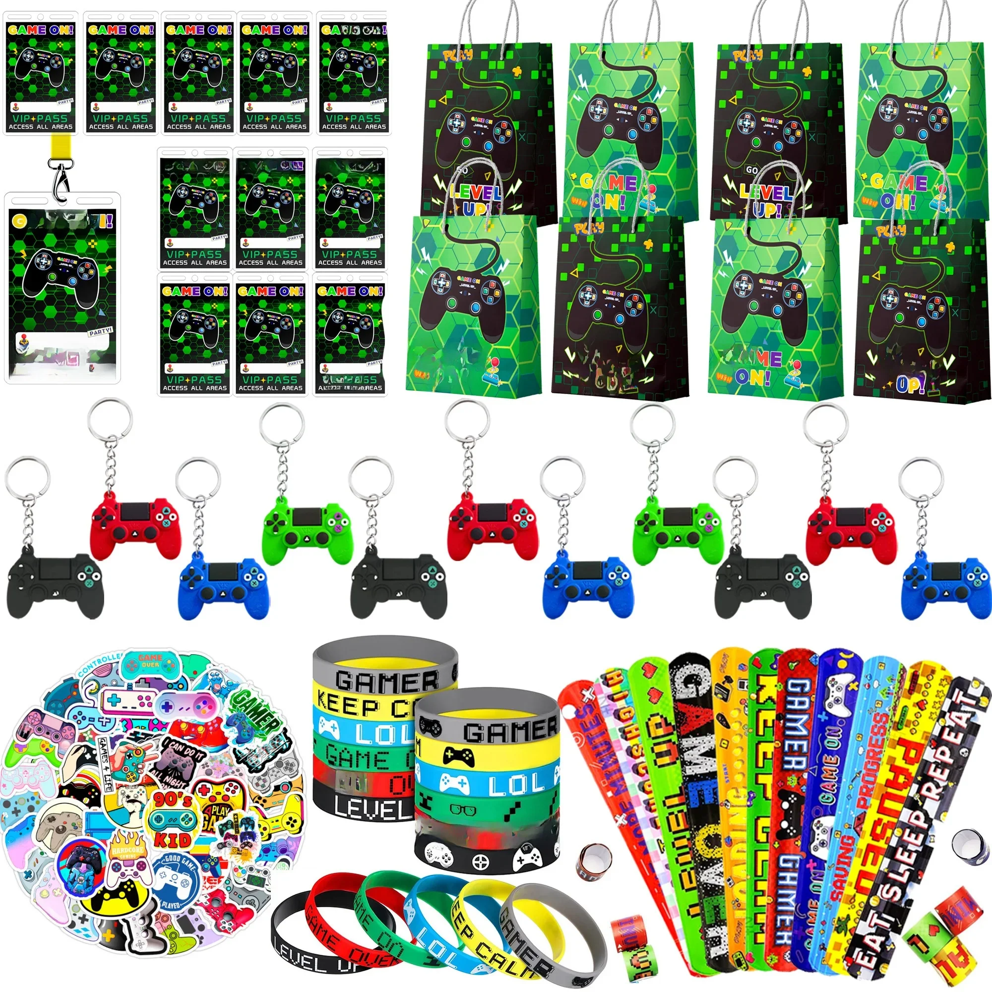 Cadeaux de fête de jeu vidéo pour enfants, ensemble de cadeaux de fête de joueur 110 pièces comprenant un bracelet, des bracelets à claquettes, porte-clés, billet de passe VIP
