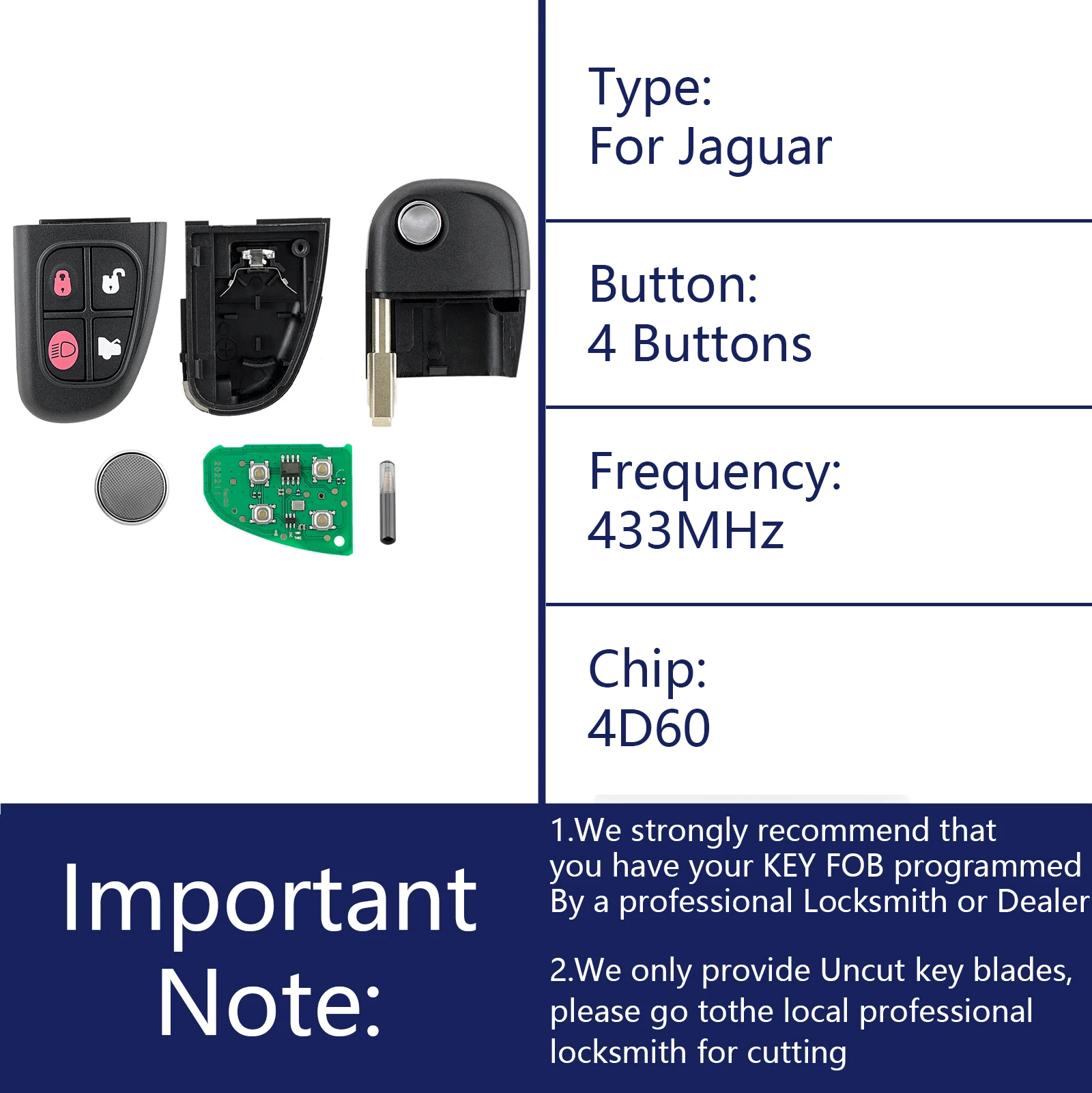 OHMSEN Afstandsbediening met 4 knoppen voor Jaguar X Type S Type XJ XJR, 433MHz + 4D60 chip