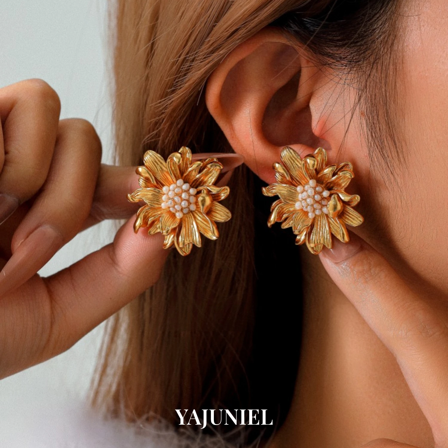 

YAJUNIEL 24K Real Gold Plated Floral Natural Pearl Stud Earrings for Women Hypoallergenic Flower Starburst Dainty Earrings