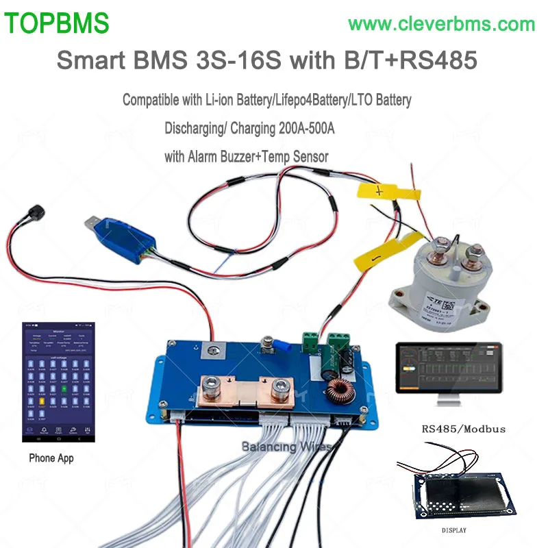 

TOPBMS 3.7V BMS 3S 12V 4S 14.8V 7S 24V 10S 36V 12S 44.4V 13S 14S 48V 16S 60V 200A 500A Bluetooth RS485 Modbus Lithium Battery