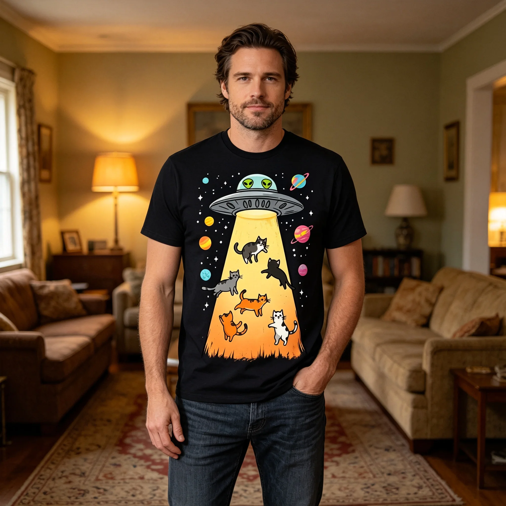 UFO Abduction Cats Graphic T‑Shirt, Funny Alien Space Cat Planet Galaxy Tee for Men Women