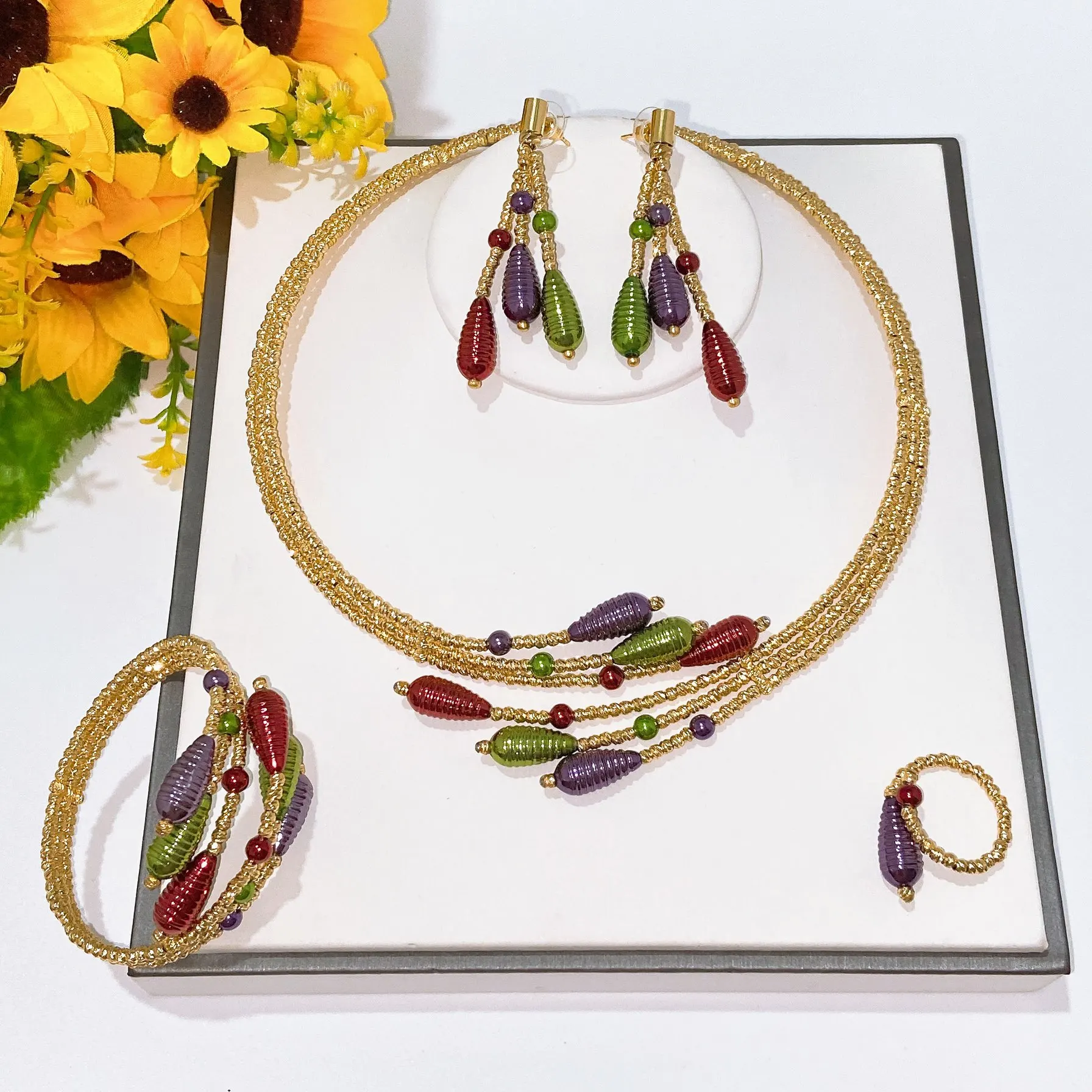 The Latest Beautiful Colorful Olive Shape Jewelry Set Stunning Fashion Necklace Bracelet Earrings Ring 4PC Jewellery for Party
