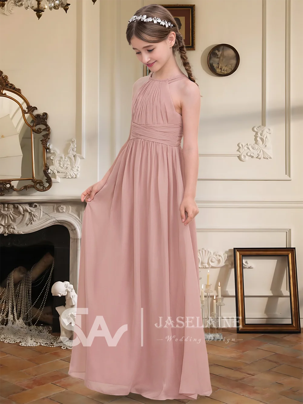 ซี คิดส์ เอเลแกนท์ เอ-ไลน์ ฮอลเตอร์ชีฟองยาวถึงพื้นชุดเพื่อนเจ้าสาวจูเนียร์ชุดสาวดอกไม้ชุดเดรสงานแต่งงานพิเศษอย่างเป็นทางการ