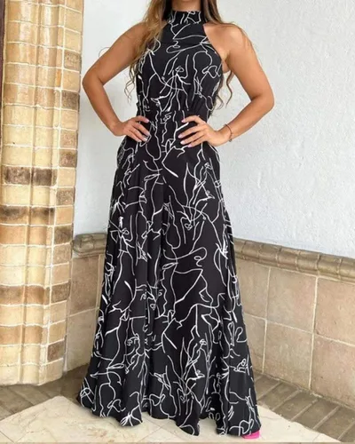 Imagen 2 del producto Pantalones sin mangas con estampado geométrico para mujer, mono estilo cuello colgante con cintura ceñida y temperamento elegante, verano