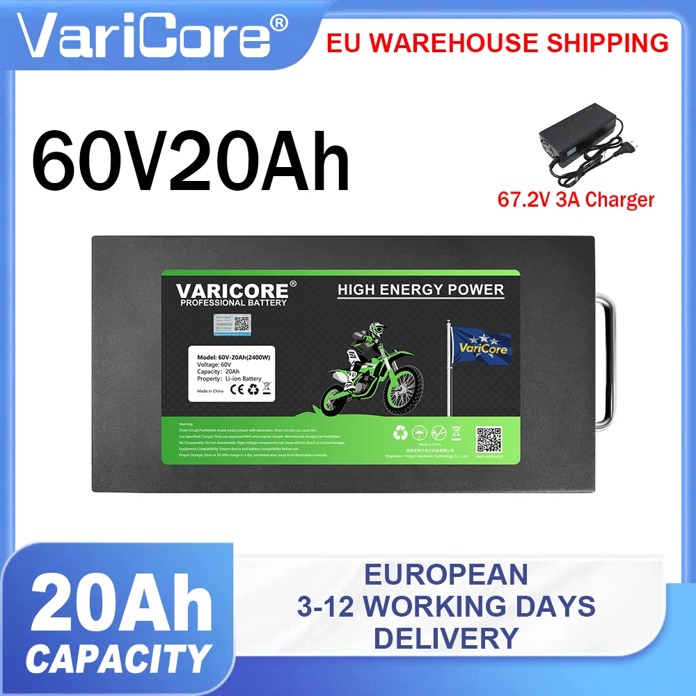 Pacco batteria VariCore60V 20Ah, impermeabile, 16S, con batterie al litio 18650 e sistema BMS integrato, per dispositivi da 500W a 2400W.