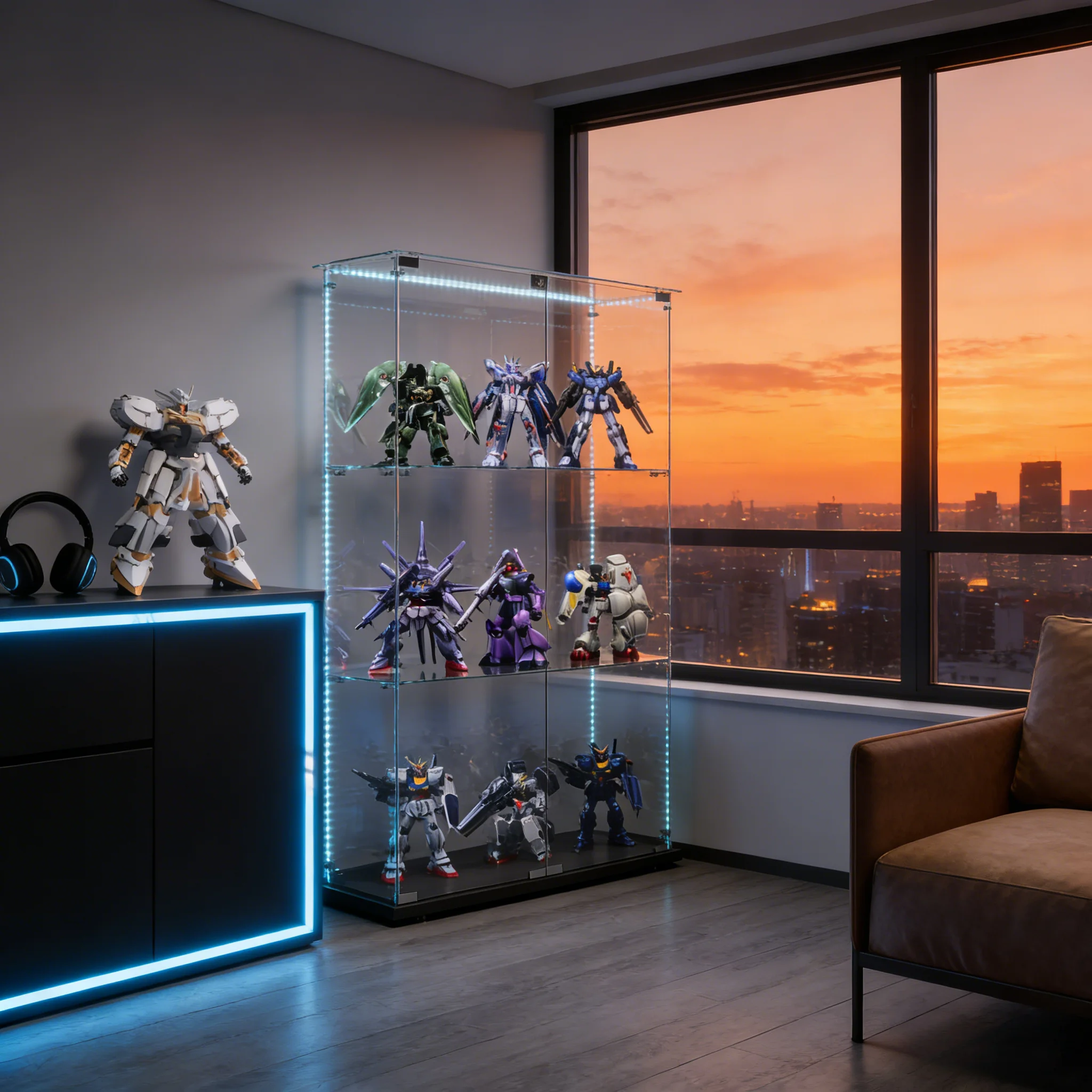 Vertikale Glasvitrine mit LED-Beleuchtung, Doppeltüren, drei Ebenen, abschließbar, Ausstellungsvitrine, Glasschrank, Sammlungsschrank
