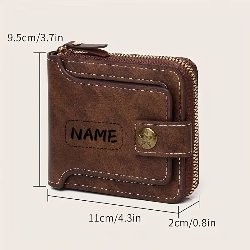 Custom Name Men's PU Wallet, Compact Metal Texture Zip Card Case with Coin Pocket, Personalized Gift, Fashion Daily Accessory