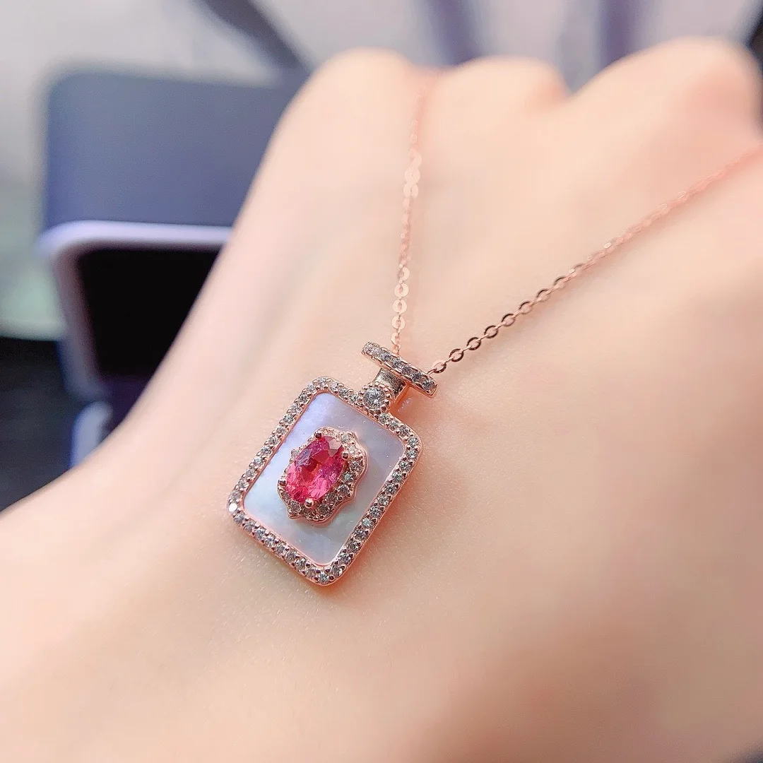 Jewelry Girl Pure Natural Pink Tourmaline Pendant Necklace 925 Pure Silver Electroplating 18K Rose Gold Christmas Gift Girlfiend