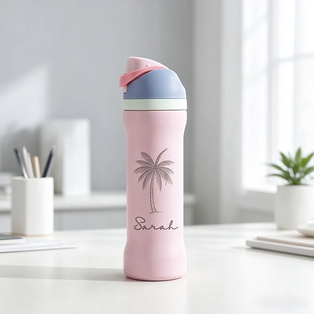 Custom Palm Tree Water Bottle Personalized Stainless Steel Insulated Thermos with Flip Straw Lid Outdoor Beach Travel Cup.